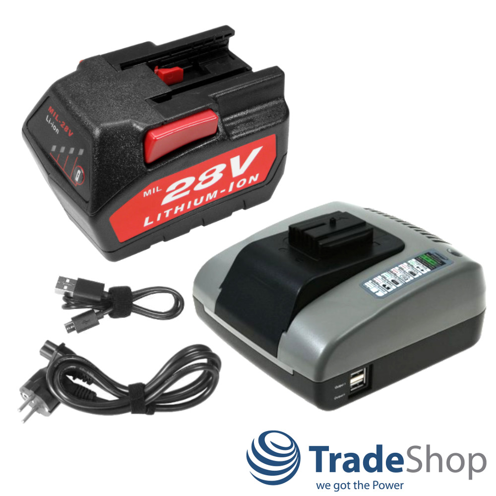 Set: Li-Ion Akku 28V 2000mAh + Ladegerät für Milwaukee 48-11-2830, 0700956730