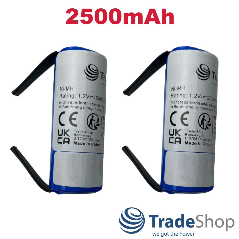 2x AKKU 2500mAh 1,2V Ni-MH 4/5A Zelle U-Lötfahne für Braun Triumph