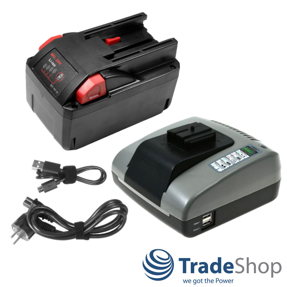 Set: Li-Ion Akku 28V 3000mAh + Ladegerät für Milwaukee 48-11-2830, 0700956730