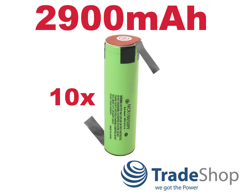 10x Panasonic Li-Ion Akku NCR18650PF 2900mAh 3,6V/3,7V mit Lötfahnen