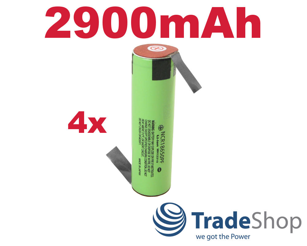 4x Panasonic Li-Ion Akku NCR18650PF 2900mAh 3,6V/3,7V mit Lötfahnen